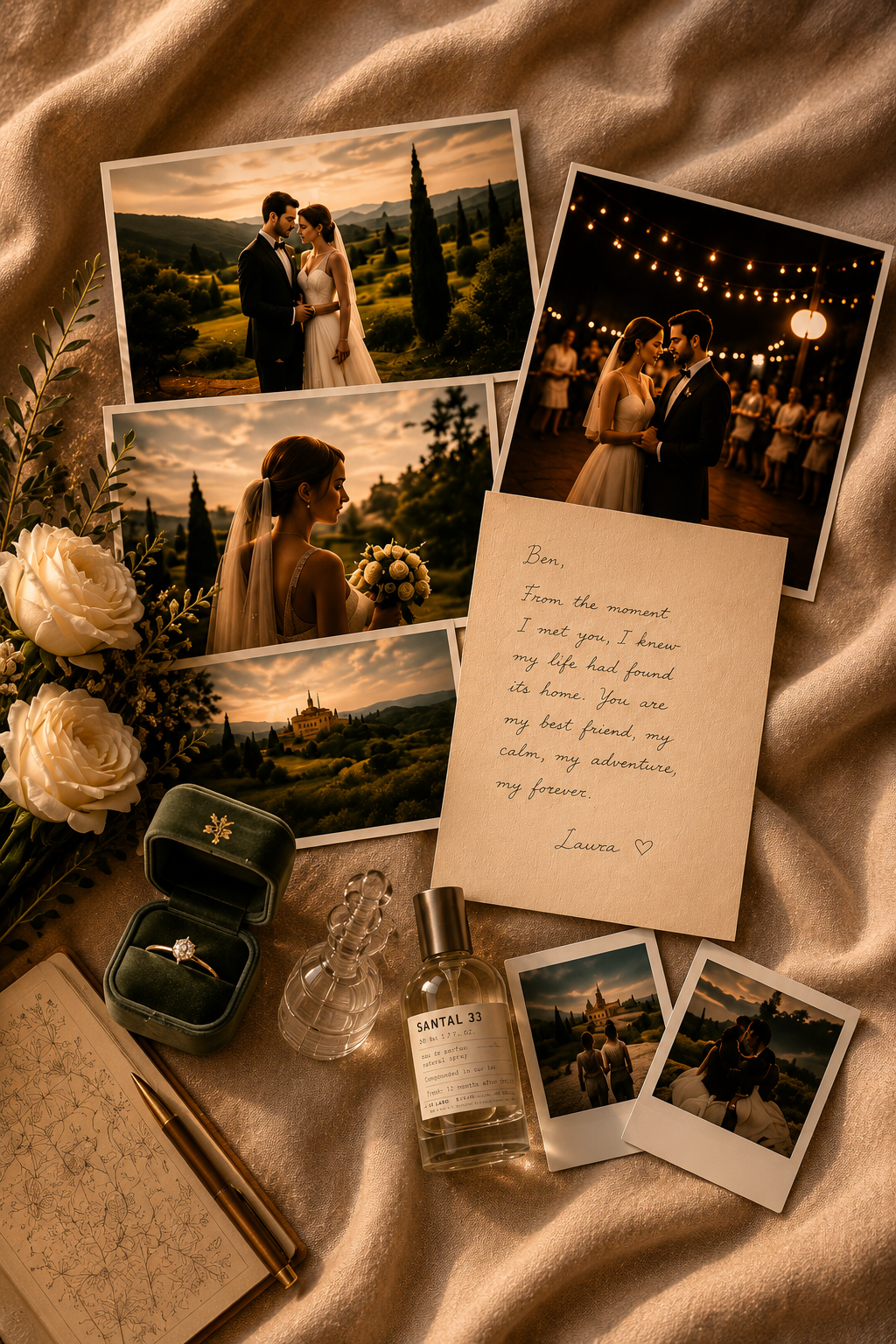 The Story — wedding photos, vows and memories laid out