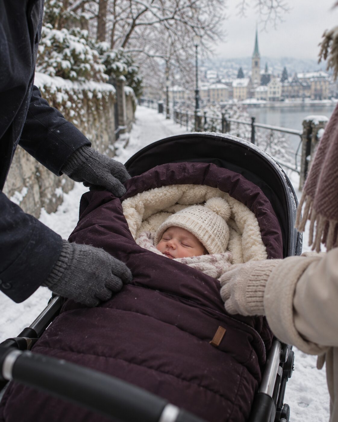 Mia wrapped up warmly in the pram on her first winter walk by the snowy lake