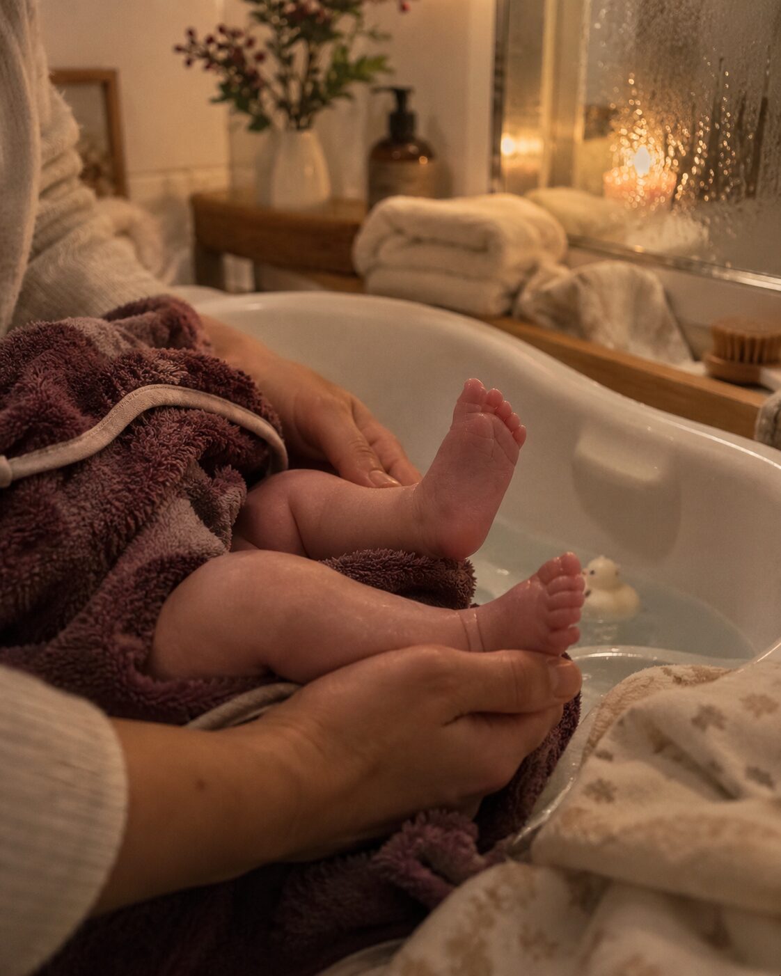 Mia's feet in the warm water at her first bath, held by Mama's hand