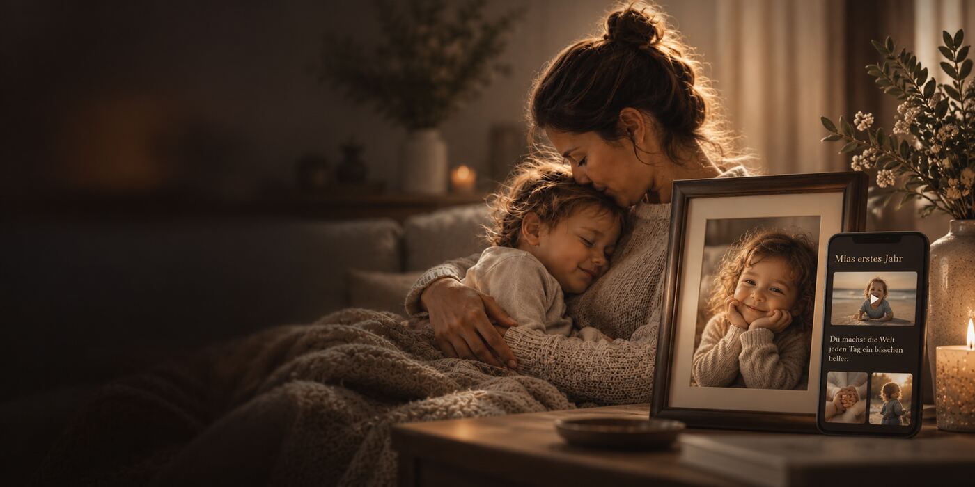 Eine Mutter hält ihr schlafendes Kind im Arm, daneben ein gerahmtes Familienfoto und ein Smartphone mit der geöffneten Erinnerungsgalerie