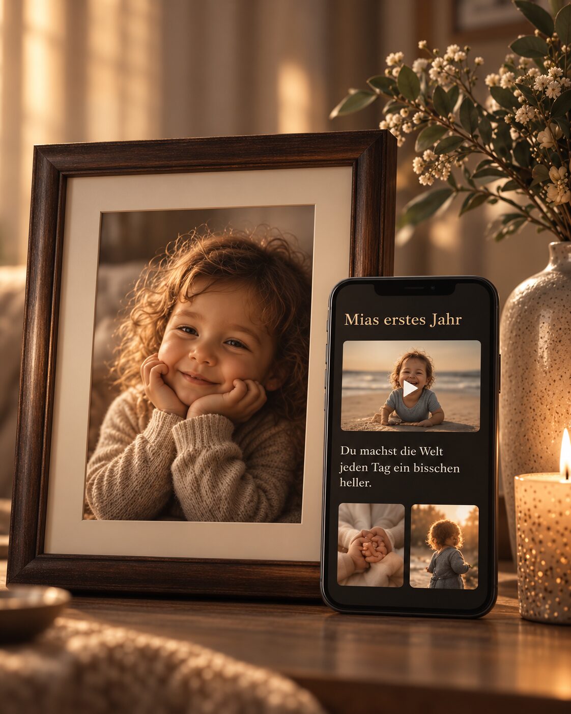 Gerahmtes Familienfoto neben einem Smartphone, auf dem das Memory Portal „Mias erstes Jahr“ geöffnet ist