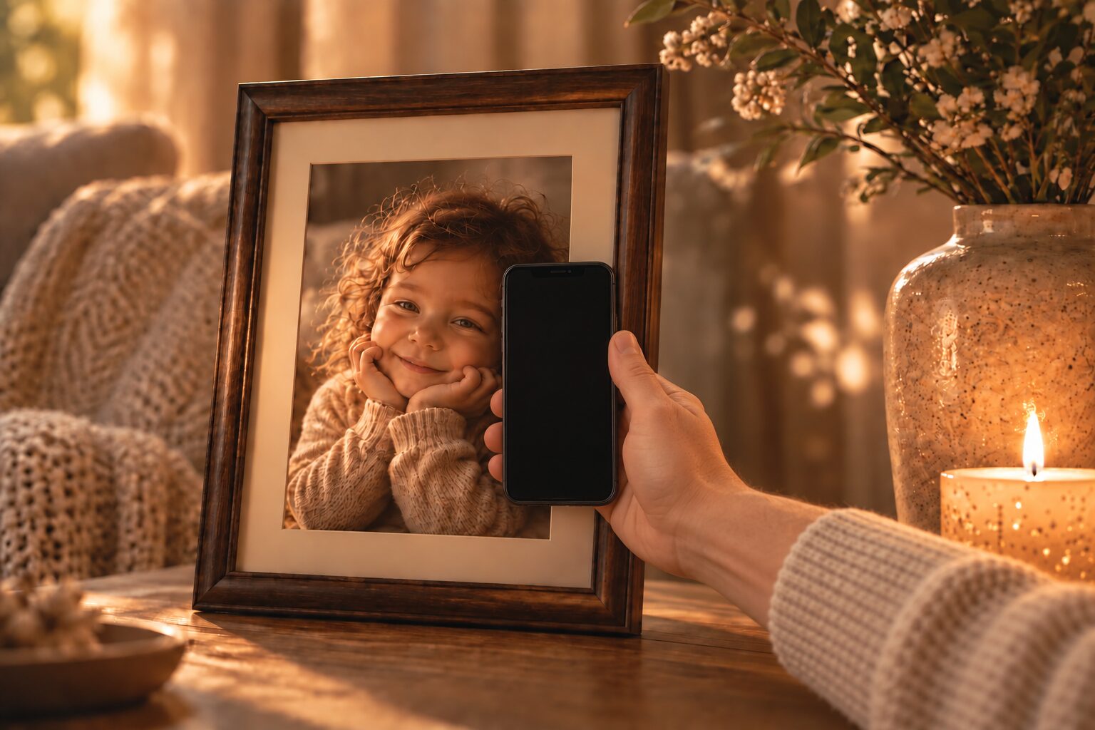 Ein schwarzes Smartphone wird direkt an Mias gerahmtes Foto gehalten